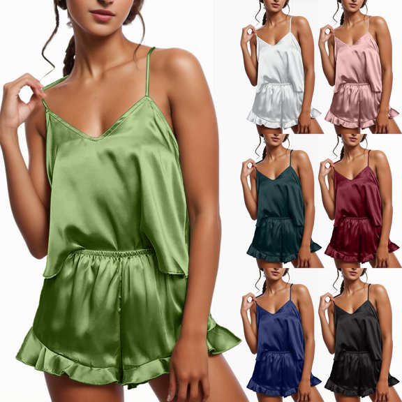 Silk Pajama Set for Women Shorts V Neck Camisole Shorts Sets 2 Piece Summer Sleepwear Outfit Sets Ruffle Size S