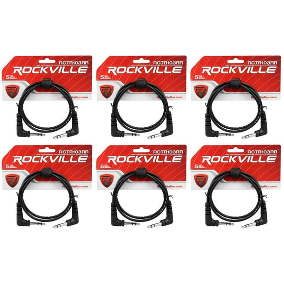 6 Rockville RCTR103RR-B 3' Black 1/4" TRS Right Angle to Same Cable 100% Copper