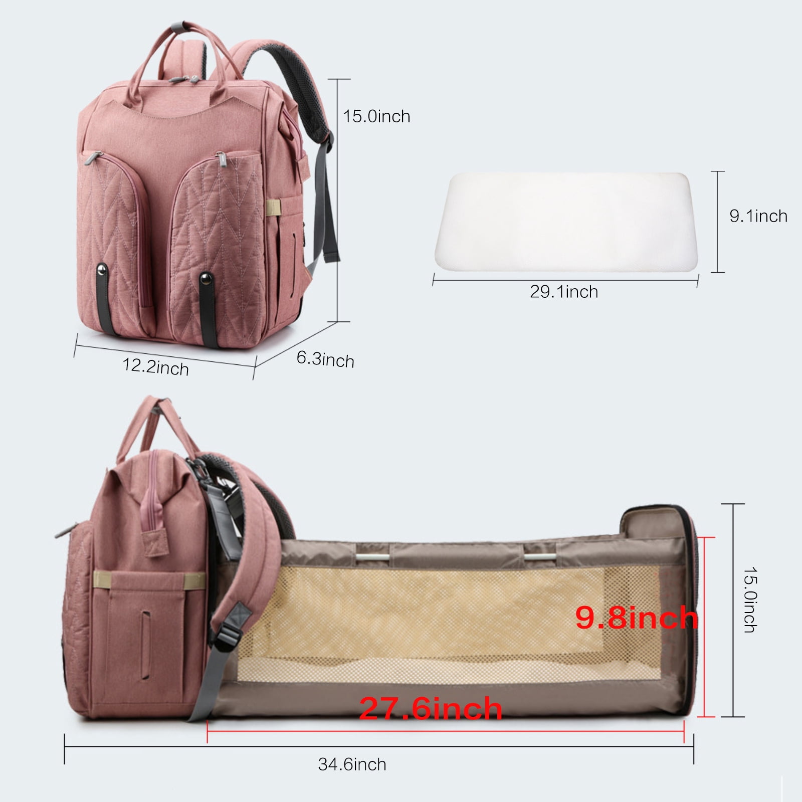 Baby Diaper Bag Backpack with Foldable Bed Changing Bed Bag with Changing Mat &Stroller Straps Portable Large Capacity for Travel Baby Supplies