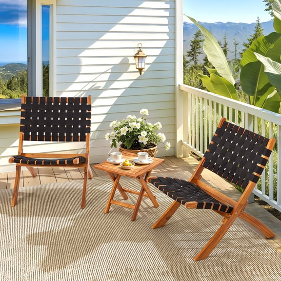 YODOLLA Patio Bistro Sets 3 Pieces Outdoor Folding Chair Outdoor Acacia Wood Natural Lounge Chair for Patio, Lawn, Garden, Fishing, Black