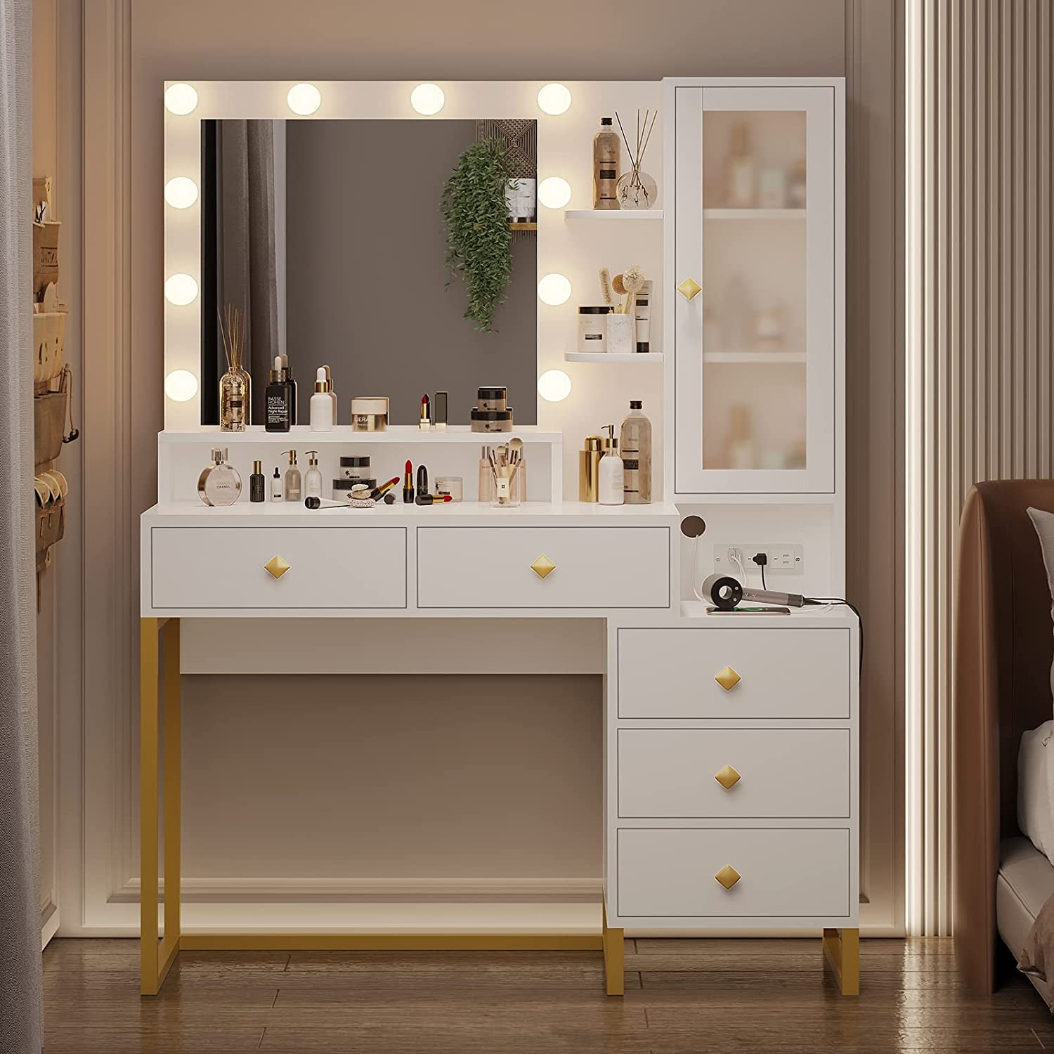 kontrast Erasure kontanter Makeup Vanity with Lights, Vanity Table with Charging Station Vanity Desk  with Mirror and 10 LED Light Bulbs, Makeup Table with with 5 Drawers,  Nightstand and Storage Shelves, White - Walmart.com