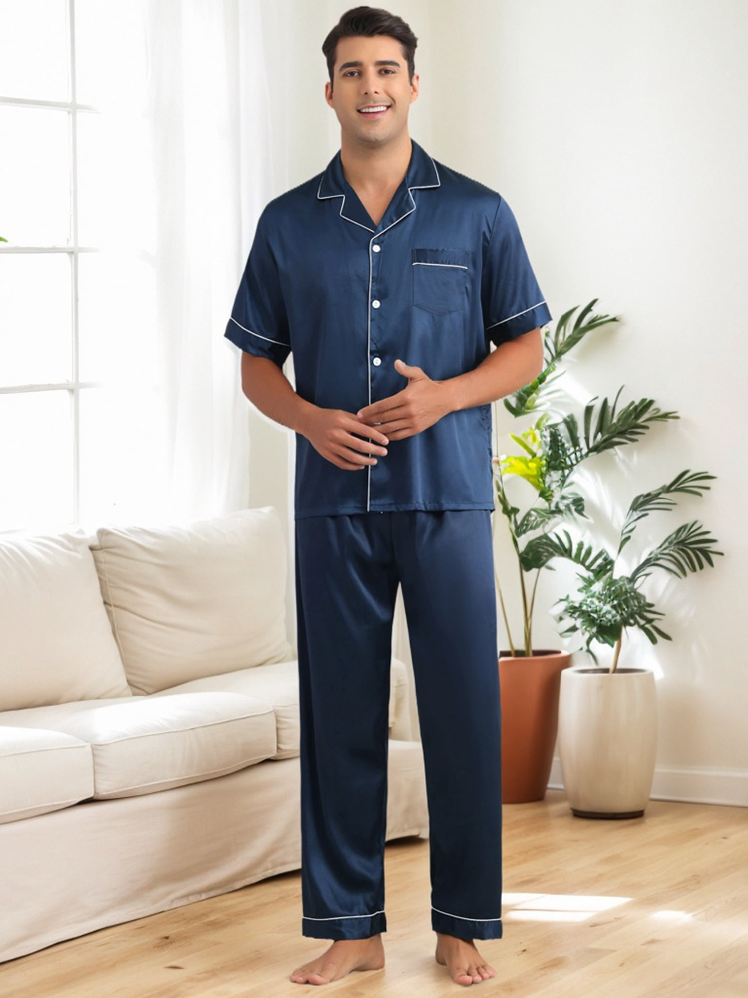 DARING DIVA Men's 2-Piece Pajama Set Button Down Short Sleeve Shirt Pants S Navy Blue