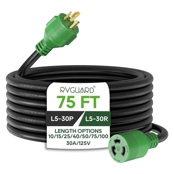 RVGUARD 3 Prong 30 Amp 75 Foot Generator Extension Cord, NEMA L5-30P/L5-30R 125V 10 Gauge SJTW Generator Power Cord with Cord Organizer, ETL Listed