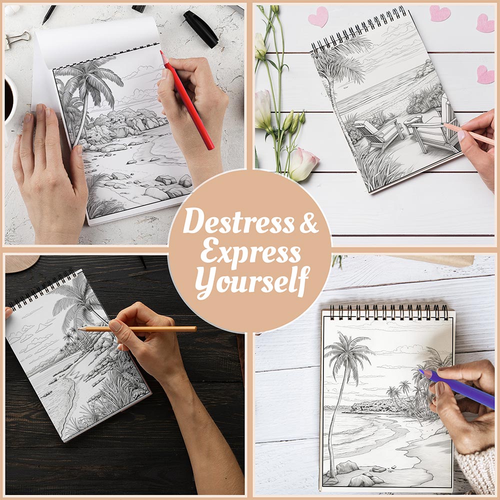 Beach Bliss Coloring Book Spiral Bound For Adults, A5 Wooden Cover, 30 Dreamy Coloring Pages in Idyllic Beach and Seaside Landscapes for Stress Relief and Relaxation