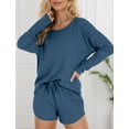 thumbnail image 6 of FEOYA Womens Waffle Pajamas Set 2 Piece Ribbed Knit Lounge Outfits Long Sleeve Top and Shorts Matching Loungewear sleepwear with Pockets L Blue, 6 of 7