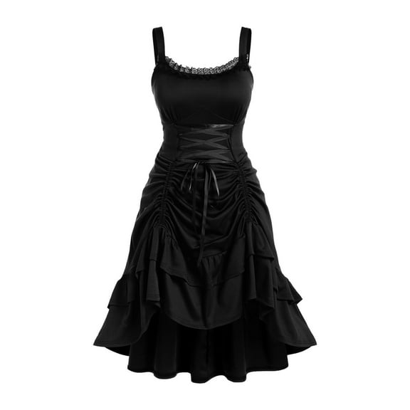 Samickarr Gothic Skirt for Women Off-The-Shoulder Sleeveless Mesh Wavy Hem Pleated Skirt Solid Color Ankle-Length Halter Skirt