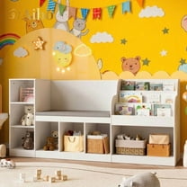 Aiho 66"Kids Bookshelf with Reading Nook , Toy Storage Organizer with 7 Cubes Bookcase & 4-Tier Book Racks & cushion, Toy Storage Organizer for Playroom Bedroom - White