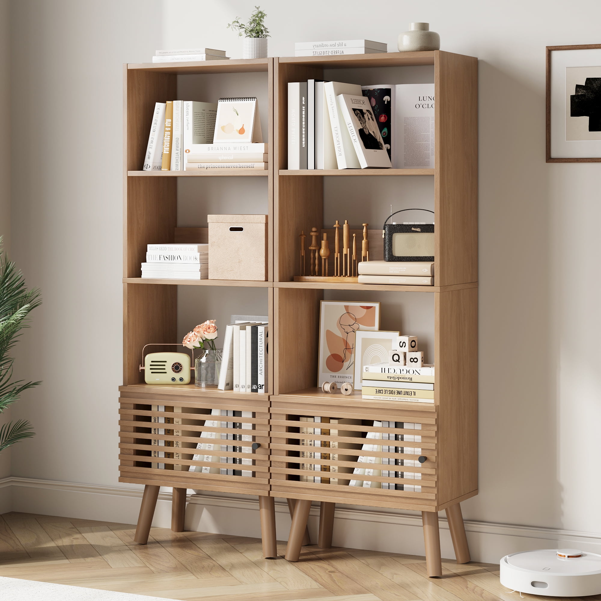 Mid-Century Modern Bookshelf with Slatted Door, 55" H Small Narrow Corner Bookcase, 4 Cube Bookcase with Open Shelf, Display Storage Cabinet for Living Room, Home Office, Oak