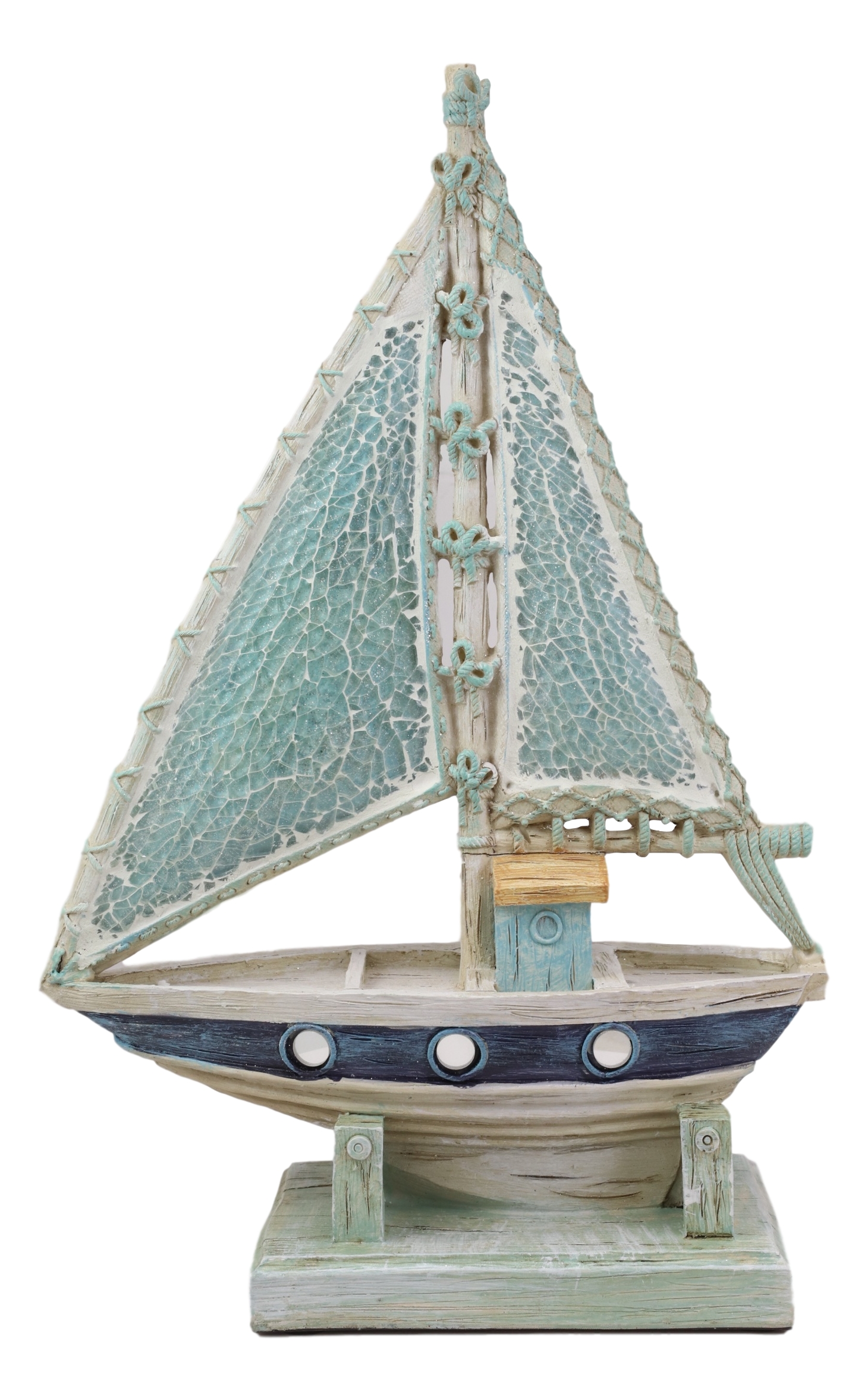 Nautical Marine Ship Sailboat At Dock Figurine With Mosaic Crushed