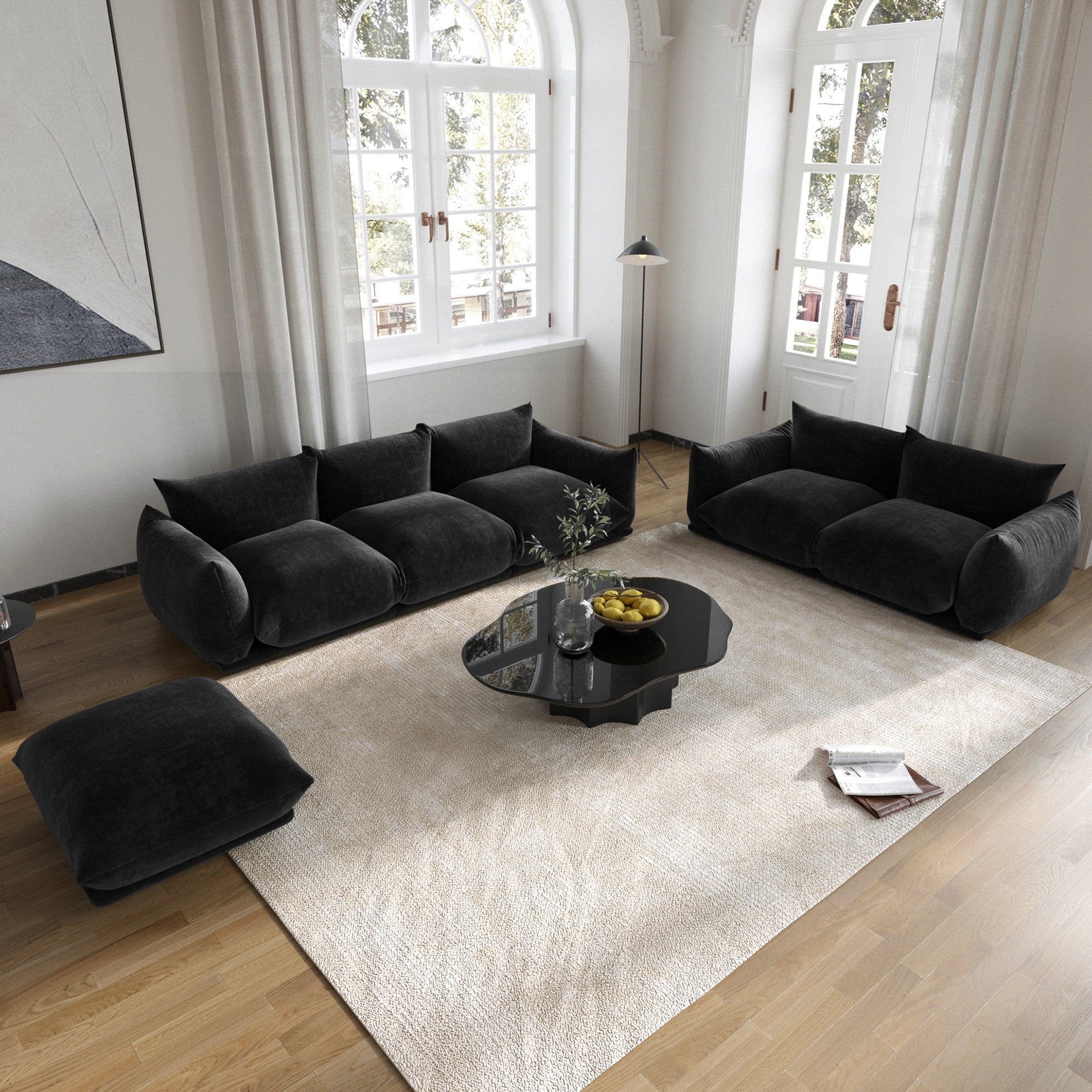 bokifol 3Pcs Sectional Sofa with Ottoman for Living Room,3 Seat Sectional Cloud Couch and Loveseat Sets,Living Room Furniture Set,Black