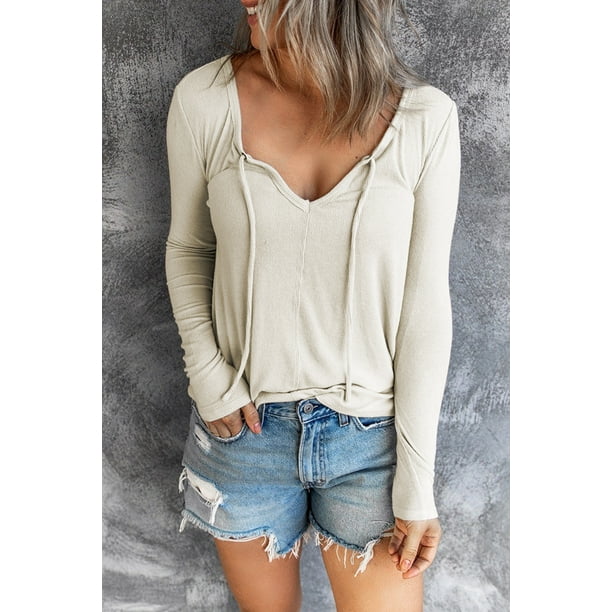 ABPHQTO Camiseta de manga larga con cordón y cuello en V para mujer