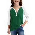 thumbnail image 6 of Cowsor Girl's Casual 3/4 Sleeve T Shirts Button V Neck Tunic Blouses Color Block Basic Tee Tops Loose Fit Summer Shirt, 6 of 6