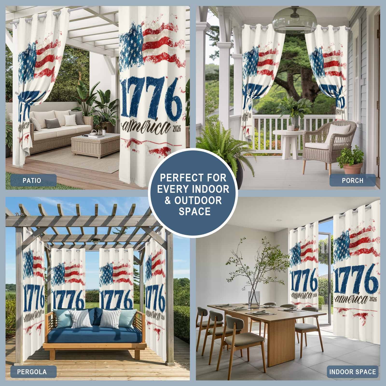 Independence Day Outdoor Curtains for Patio, Vintage American Flag 1766-2026 Beige Background Sunshade Privacy Drapes Grommet Waterproof Outside Curtains for Porch/Cabana/Balcony 54"x 108", 1 Panel
