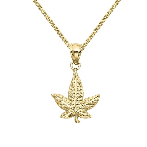 Precious Stars 14K Yellow Gold Unisex Marijuana Leaf Pendant with 16" Chain Necklace