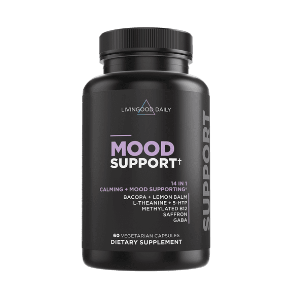 Livingood Daily Mood Support Supplement for Women & Men, 14-in-1 Formula with  L Theanine, Lemon Balm, GABA, Saffron, 5-HTP & B12, Supports Focus & Emotional Wellness, Gluten Free, Vegan, 60 Capsules