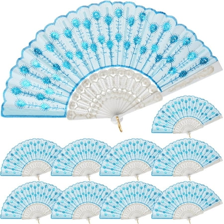 

10 Pack Fabric Folding Handheld Fans Perfect For Weddings Parties And Dancing Light Blue