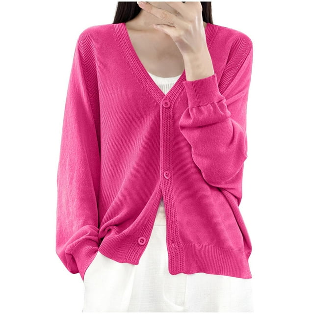 Womens Button Down Knit Cardigans Long Sleeve V Neck Casual Cardigan Sweaters Light Weight Loose Lounge Wear Fall Hot Pink, L