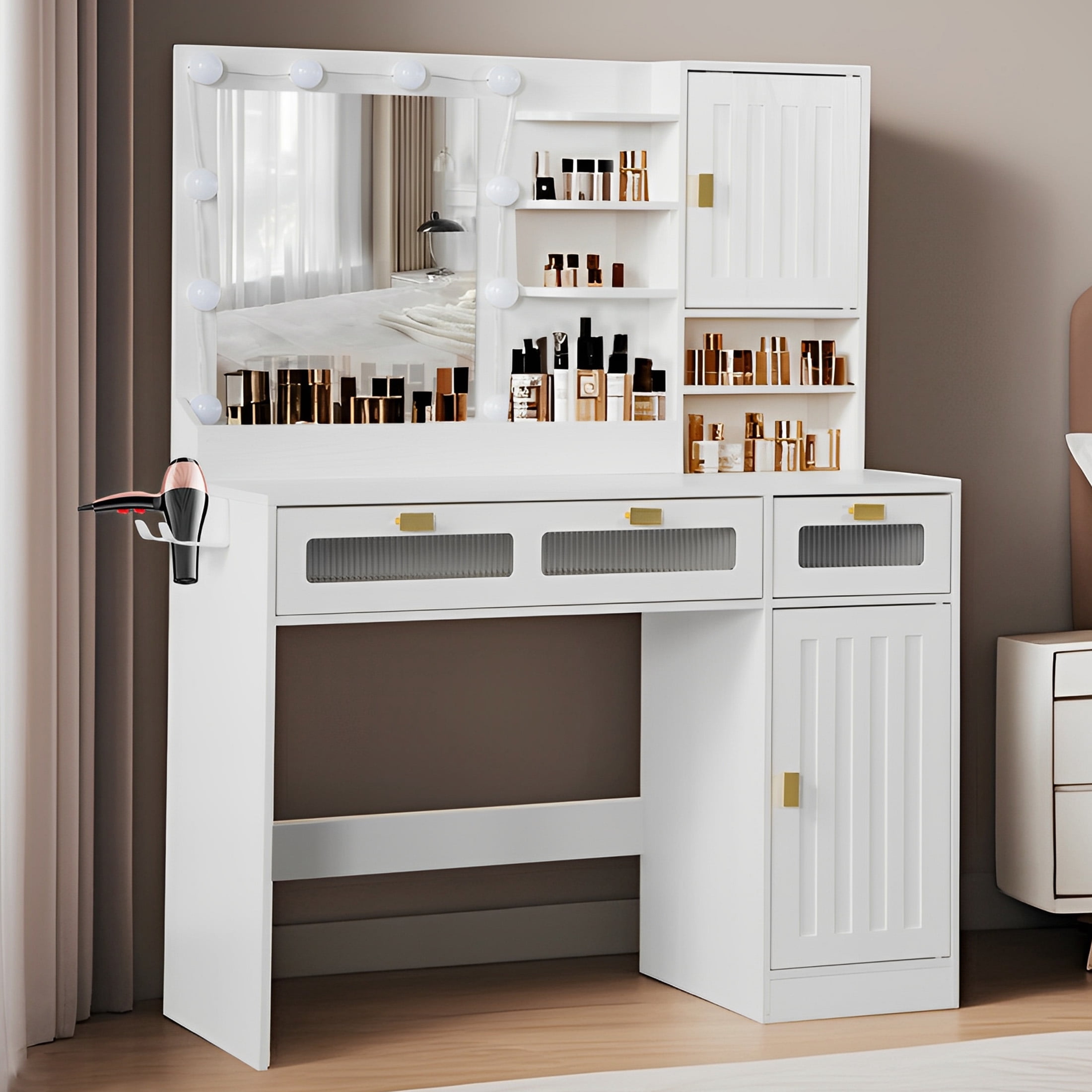 Aukfa Vanity Desk with Mirror & Hair Dryer Rack,Makeup Vanity Table for Bedroom,White