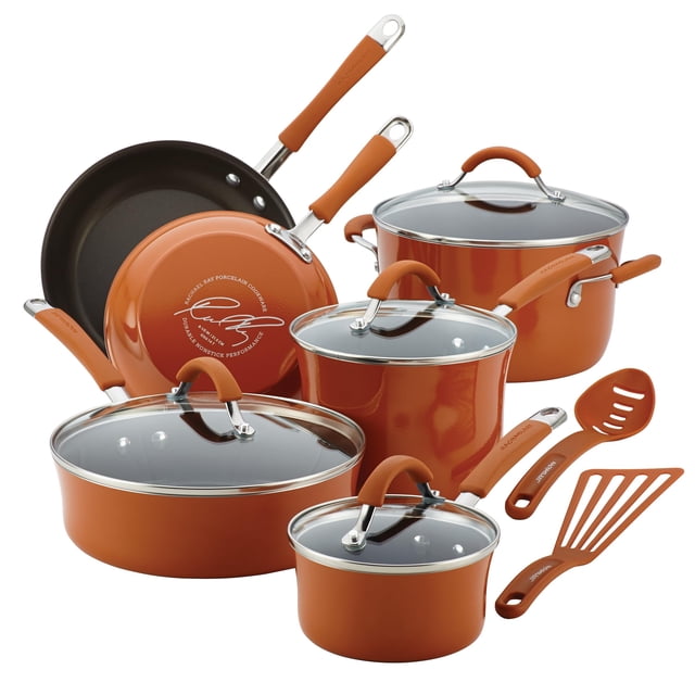 Rachael Ray Cucina - Batería de cocina antiadherente, porcelana dura, 12 piezas, Anaranjado Calabaza