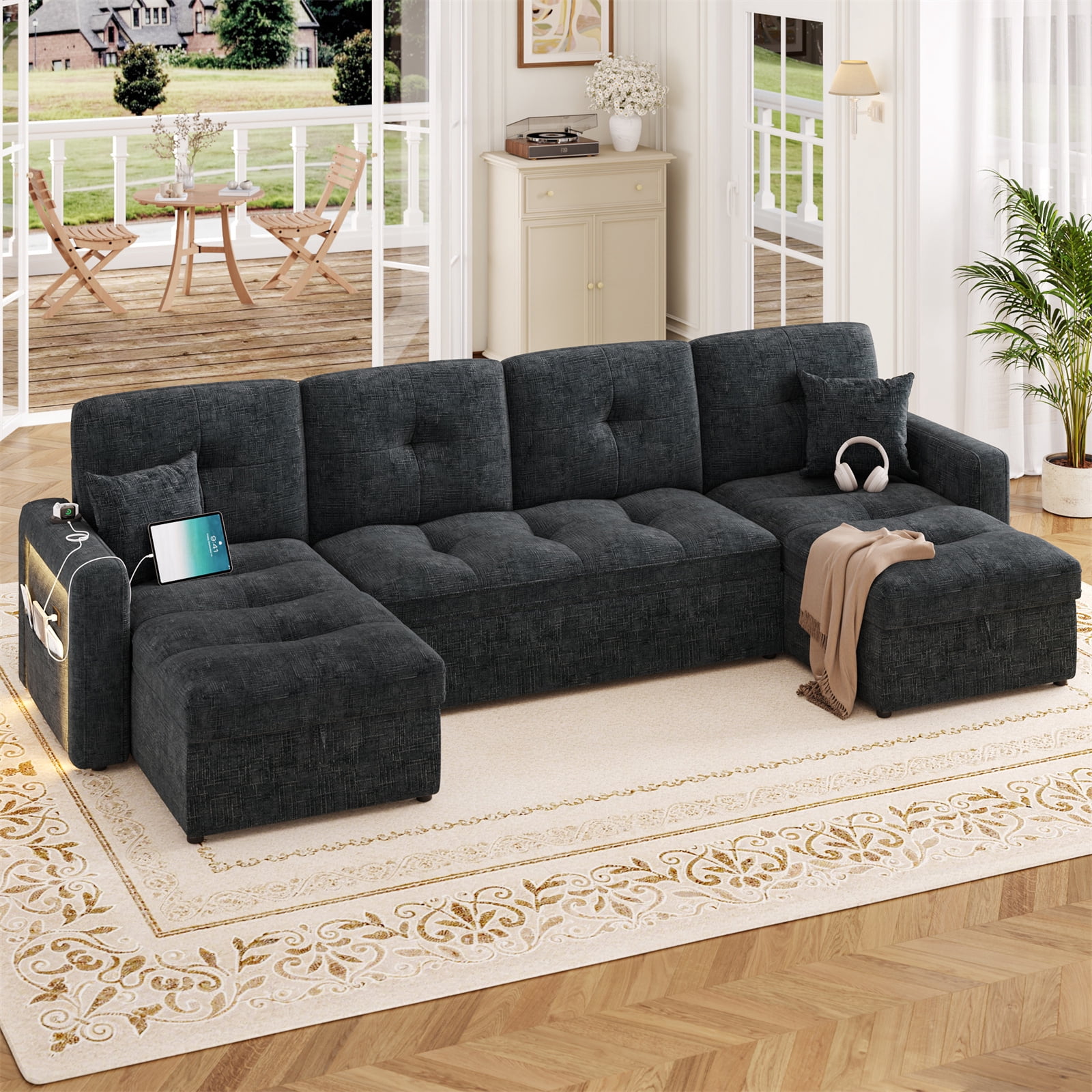 Homfa 107" Sleeper Sofa Bed with Pull Out Couch, Adjustable Backrest Convertible Sofa Bed with Storage Chaise Couch & USB Port, 6 Seat U Shape Sofa Couch with Chaise for Living Room Apartment