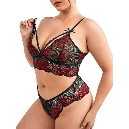 

ZWJHGIK Women s Plus Size Floral Lace Scalloped Trim Underwire Lingerie Bra and Panty