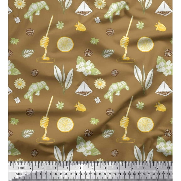 Soimoi Brown Cotton Duck Fabric Star Anise,Lemon & Garlic Vegetable Printed Craft Fabric by the Yard 42 Inch Wide