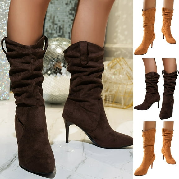 Boots for Women TKYCMSUAKI Women's Wide Calf Mid-Calf Boots, Wide Width Slouchy Faux Suede Boots Sexy Pointed Toe Stiletto High Heel Boots for Girls Ladies Fall Winter Boots
