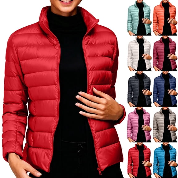 Purcolt Womens Cropped Puffer Jacket - Quilted Packable Lightweight Winter Coat - Stand Collar Long Sleeve Full Zip Windproof Insulated Snow Coats