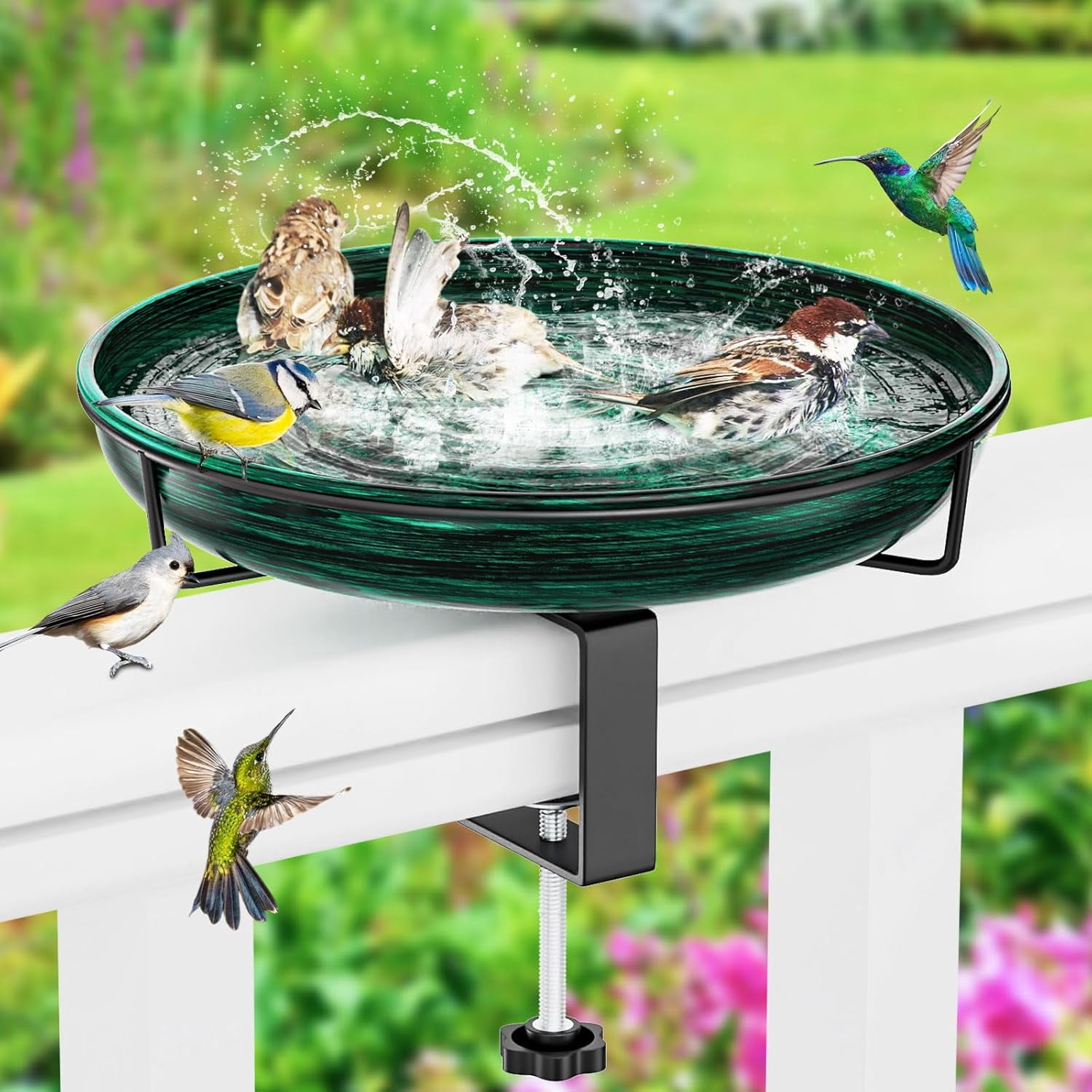 Deck Mounted Metal Bird Bath for Outside, Detachable Birdbath Bowl with Adjustable Steel Clamp, Outdoor Bird Feeder for Railing Balcony Fence Yard Art Garden Decor (Vintage Bronze)