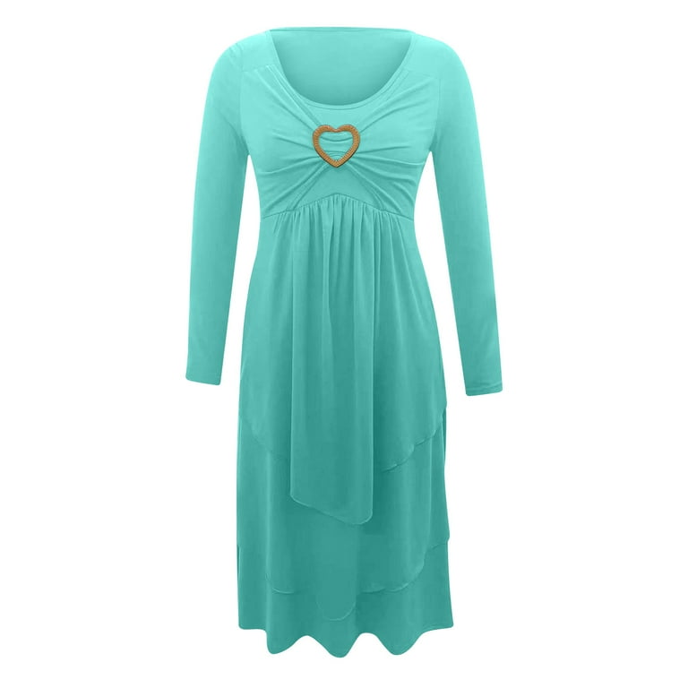 Safuny Women's Tea Length A Line Dress Solid Heart Shape Button Winter Vacation 3/4 Sleeves Autumn Dress Scoop Neck Fashion Pleated Tiered Elegant Sky