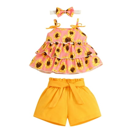 

aturustex Infant Baby Girl Summer Clothes Set 3M 6M 9M 12M 18M 24M Sunflower Print Strap Ruffle Tank Top Shorts Set Cute Outfits+Headband 3Pcs