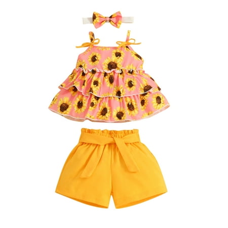 

One opening 3 Pcs Baby Girls Summer Clothes Suits Sunflower Print Ruffles Sling Tank Tops and Solid Color Shorts with Belt Bow Headband Sets