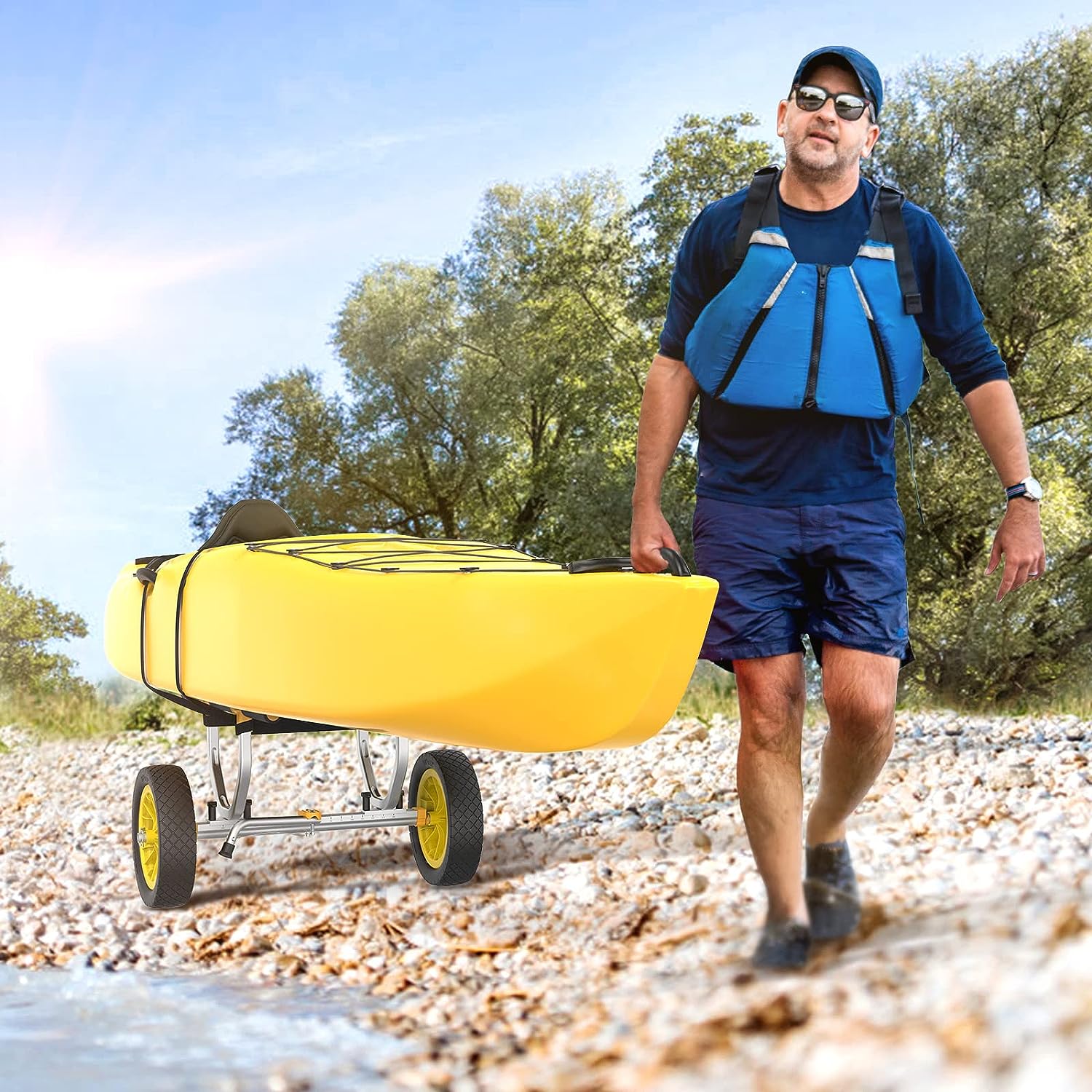 Bonnlo Heavy Duty Universal Kayak Trailer Adjustable Width 6.3"-18.7" Canoe Cart