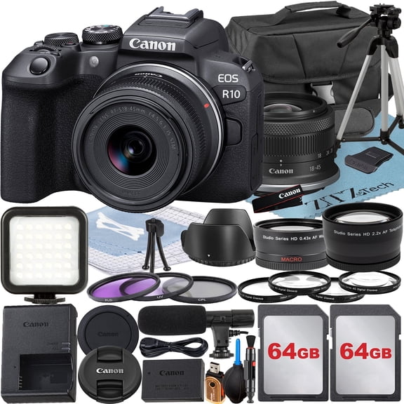 Canon EOS R10 Mirrorless Camera (International Version) with RF-S 18-45mm Lens   2 Pack 64GB Memory Card   Case   ZeeTech Accessory