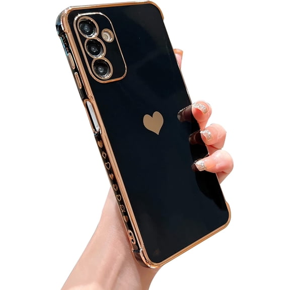for Samsung Galaxy A16 6.7” 5g Phone Case,Luxury Plating Cute Love Heart Side Small Pattern Case Full Camera Protection Soft Silicone Shockproof Electroplated Bumper Cover (Black, A16)