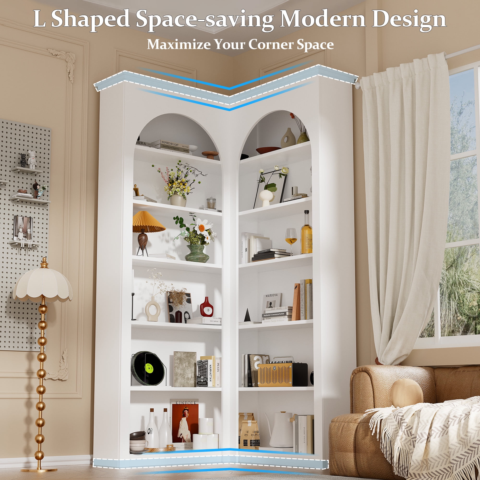 Modern 6 Tier Corner Bookcase, Arched Bookshelf Display Storage Cabinet, Home L-Shape Cabinet Living Room Furniture, White