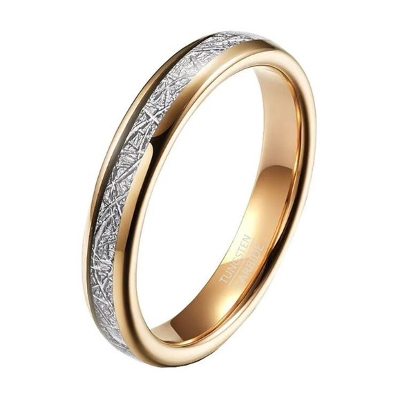 PAMTIER 4mm Unisex Tungsten Steel Domed Rose Gold Carbon Fiber Imitated Meteorite Inlaid Stackable Ring Promise Wedding Band Comfort Fit Size 6