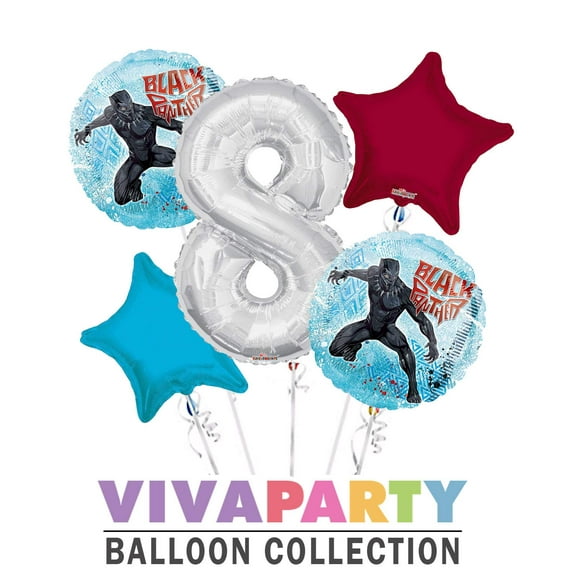 Black Panther Round Balloon Bouquet 5 pc, 8th Birthday, Silver Number 8 Jumbo Balloon | Viva Party Balloon Collection