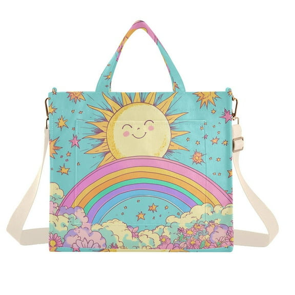 FORMRS Womens Corduroy Tote Bag Crossbody Shoulder Handbag with Pocket, Retro Blue Rainbow