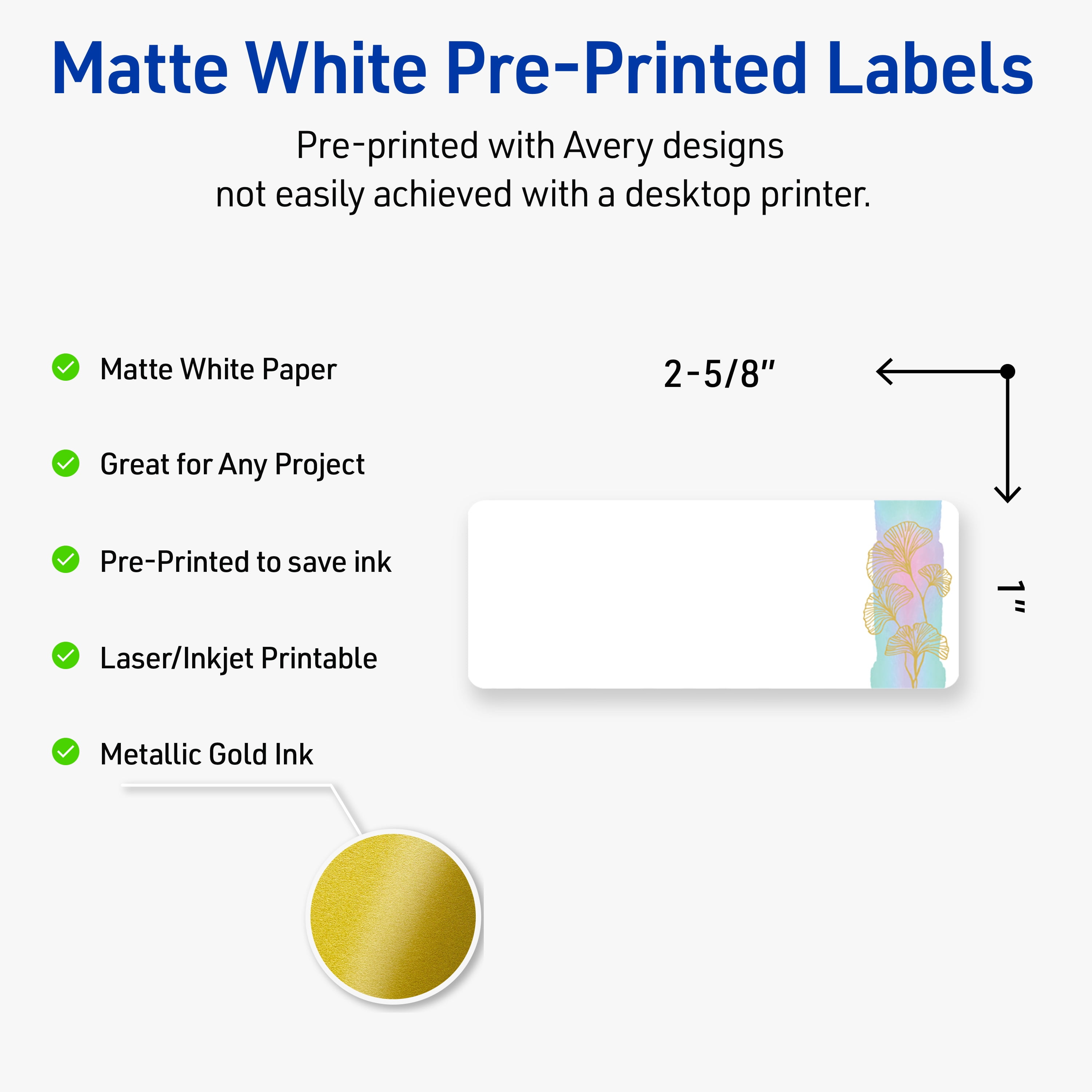 Avery Rectangle Address Labels, Floral Design, 1" x 2-5/8", Matte, Watercolors with Gold Ginkgo Leaves