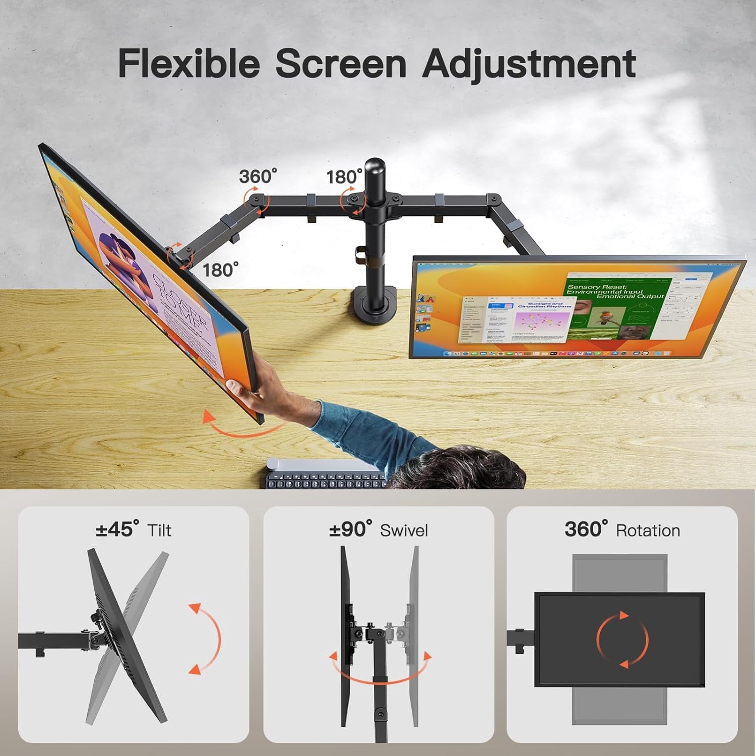 Dual Monitor Desk Mount for 13-34 Inch Screens  to 26.5 lbs, Fully Adjustable Heavy-Duty Stand with C-Clamp & Grommet Base