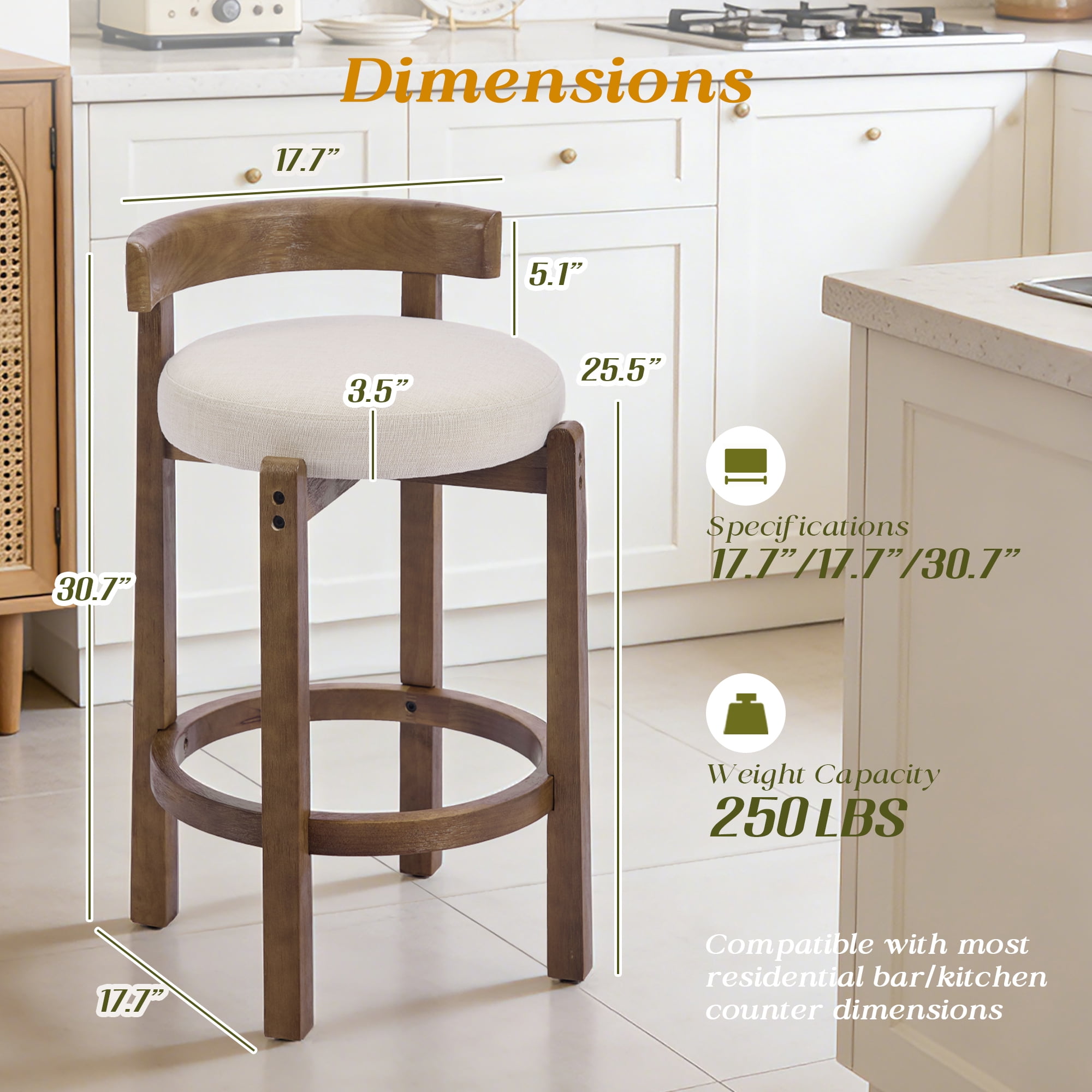 Nordic Style Solid Wood Bar Stool Set of 2 - High Stool for Home Kitchen Island & Bar, Comfortable & Stable