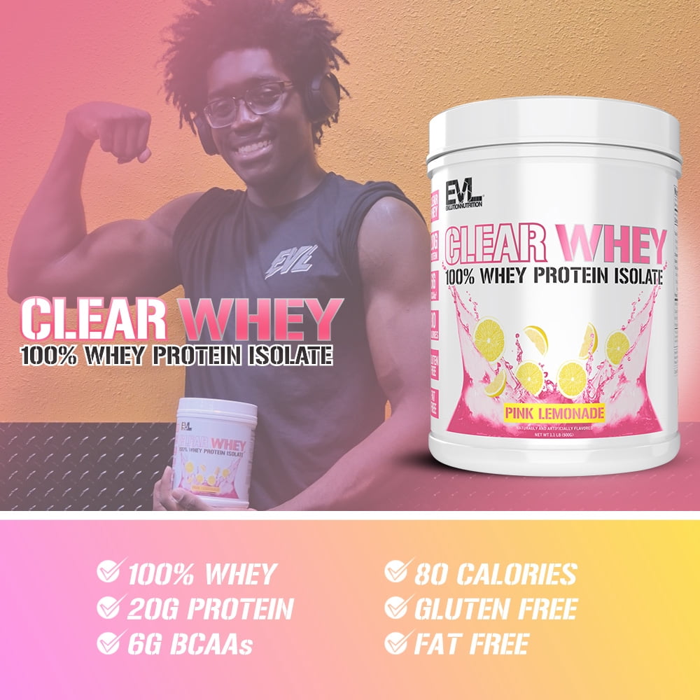 Evlution Nutrition Clear Whey - 100% Whey Protein Isolate - For Muscle Growth, Strength & Recovery - 20g Isolate Protein Per Serving - Fast Absorbing - Gluten & Fat Free - 1.1lb - Pink Lemonade