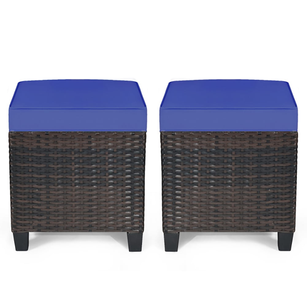 Aimee Lii 2 Pieces Patio Rattan Ottoman Set with Removable Cushions, Outdoor Patio Furniture Set, Navy