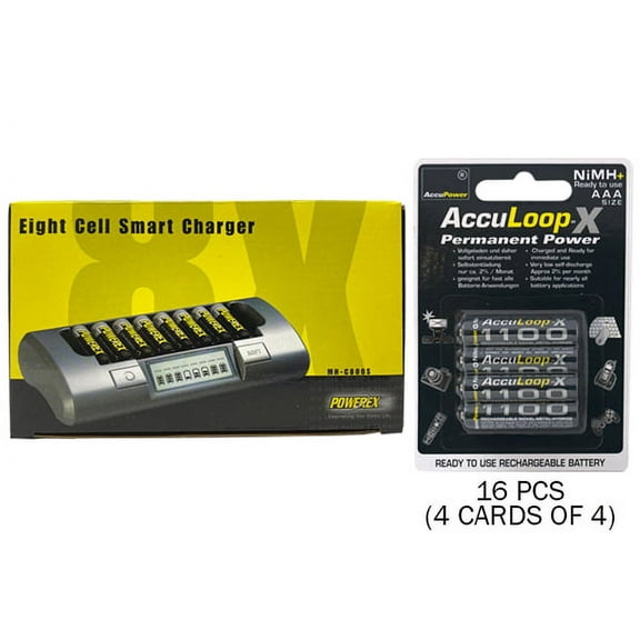 Powerex MH-C800S Eight Slot Smart Charger & 16 AAA AccuPower AccuLoop-X NiMH Batteries (1100 mAh)