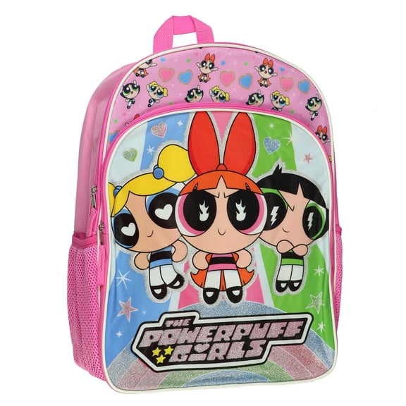 The Powerpuff Girls Backpack Blossom Buttercup Bubbles Sparkly 16" Bookbag with Adjustable Padded Straps
