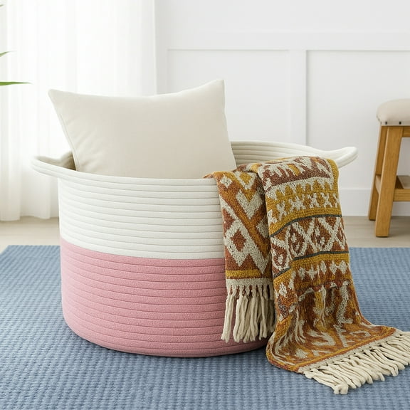 PinkSheep Laundry Basket, 80L Collapsible Woven Cotton Rope Laundry Hamper Storage Baskets with Handles, White Pink