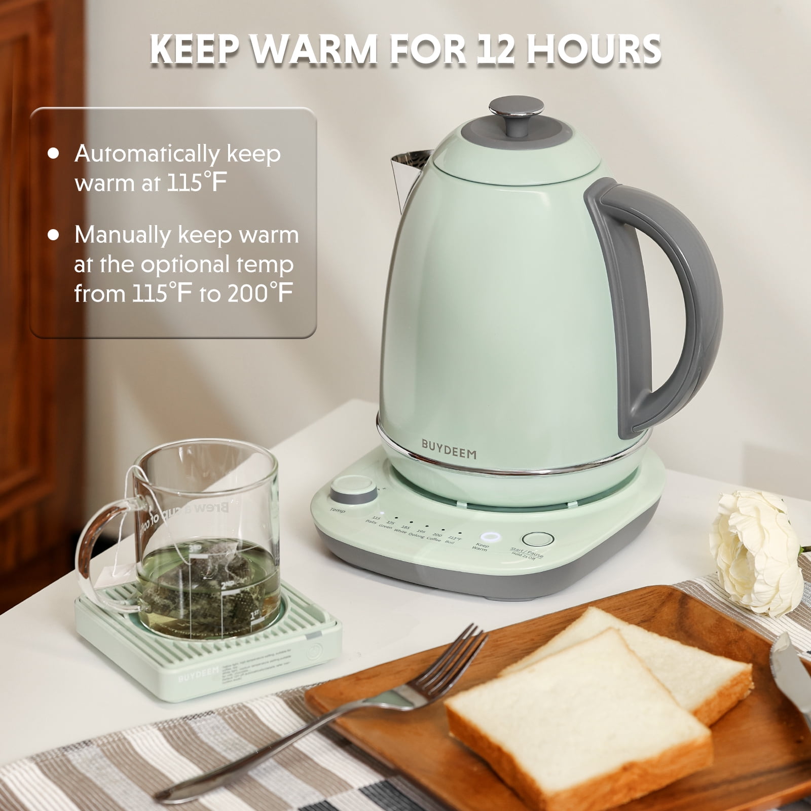 BUYDEEM K740 Electric Kettle with Temperature Control, 12H Keep Warm, Quick Boil, Stainless Steel Hot Water Boiler for Tea Coffee Milk, 1.7L, Cozy Greenish