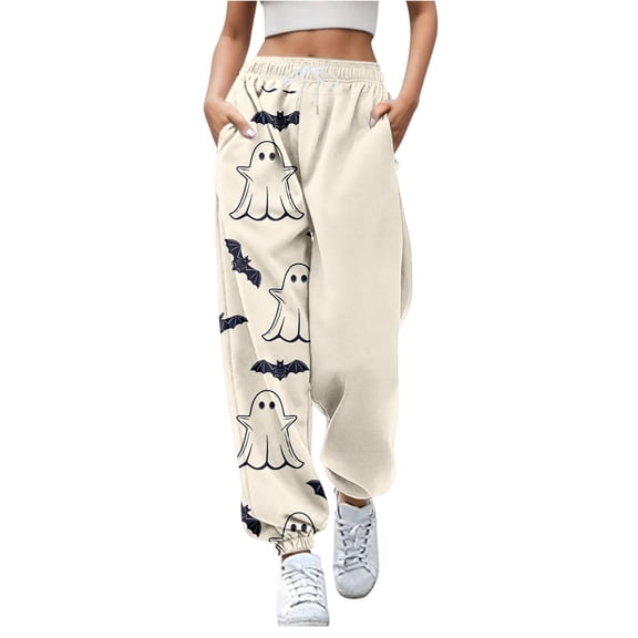 Bibifish Womens Joggers High Waisted Loose Fit Ghost Print Color Block Holiday Active Pants With Pockets