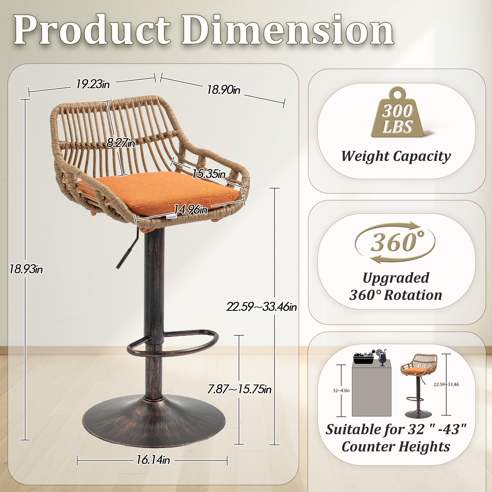 MOONMISS Swivel Bar Stools Set of 2, Modern Adjustable Counter Height Barstools with Back, Rattan Bar Chairs with Cushions & Metal Footrest, Pub Stools for Kitchen, Bar, Dining Room,Orange
